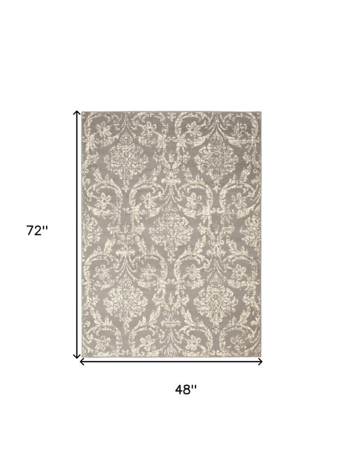 2' X 4' Gray Damask Power Loom Area Rug